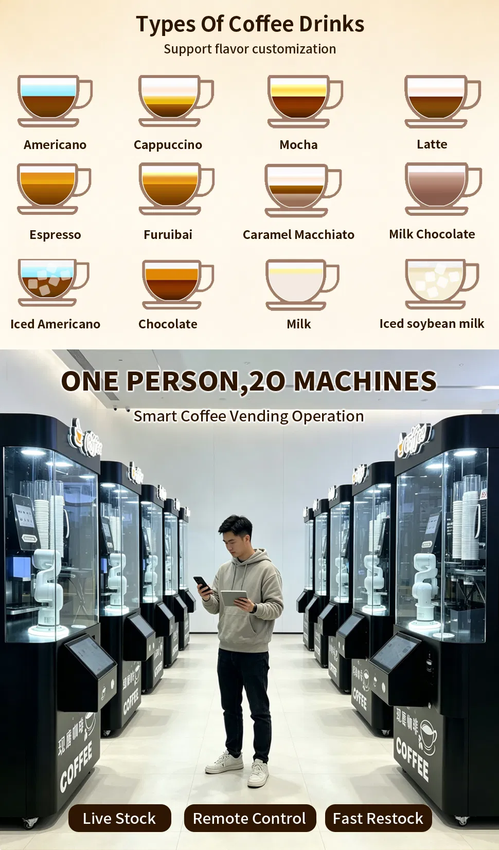 Custom Combo Beverage Dispenser Card Reader 6-Axis Robot Arm Coffee Automatic Vending Machine
