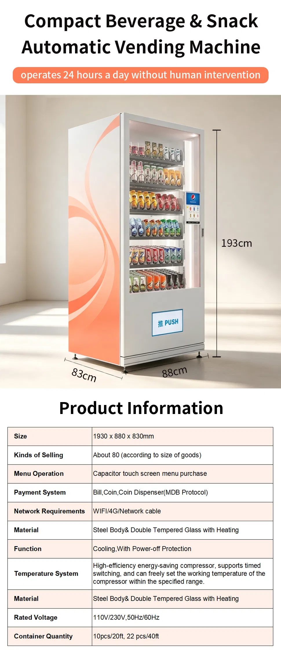 Beverage and Drinks Food Snack Vending Machine Credit Card Reader Cashless Expendedora