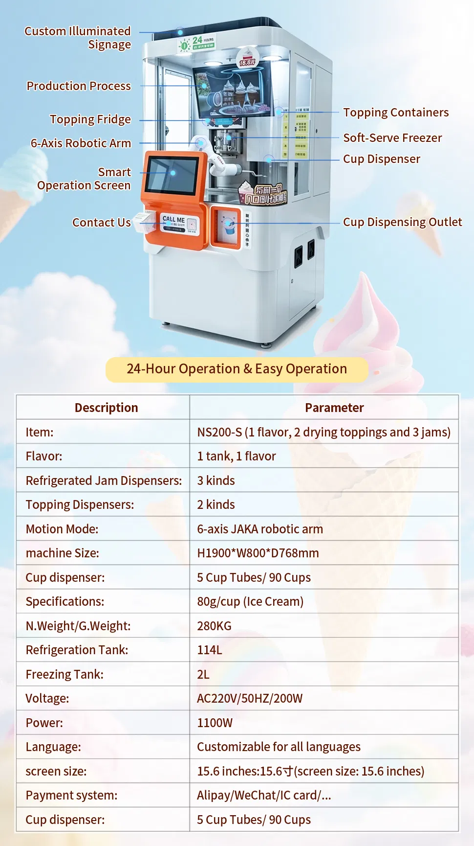 CE Certified 18L Automatic Robotic Arm Dispensing Coffee Ice Cream Making Vending Machine